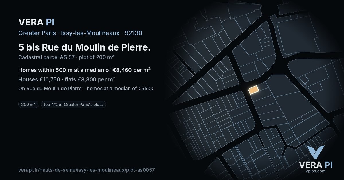 5 bis Rue du Moulin de Pierre, Issy-les-Moulineaux at night – the plot lit, the parcels around coloured by the prices near them