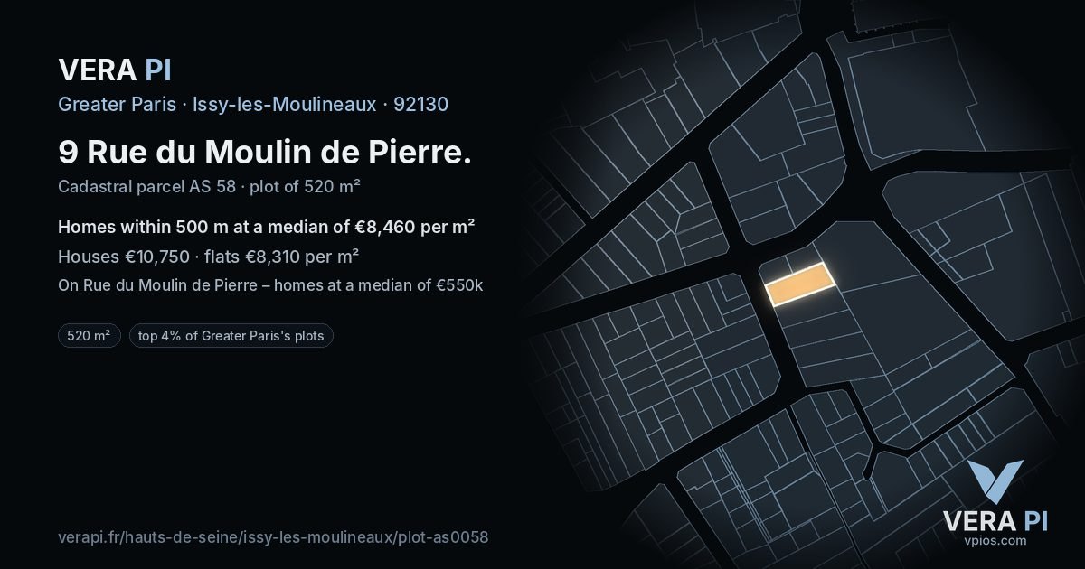 9 Rue du Moulin de Pierre, Issy-les-Moulineaux at night – the plot lit, the parcels around coloured by the prices near them