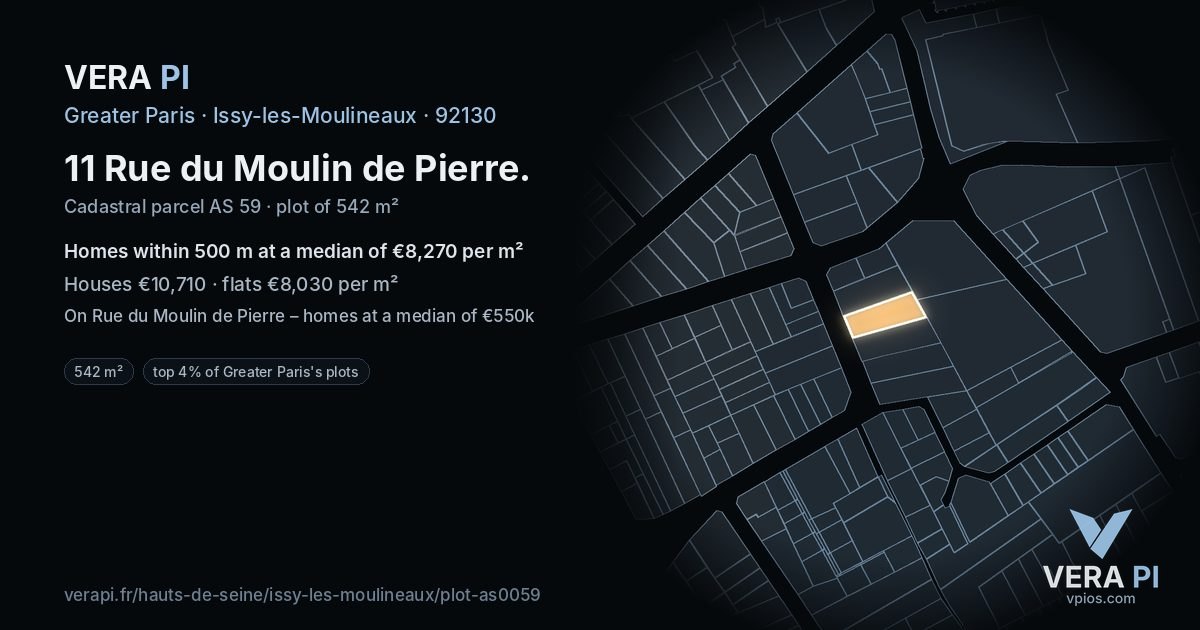 11 Rue du Moulin de Pierre, Issy-les-Moulineaux at night – the plot lit, the parcels around coloured by the prices near them