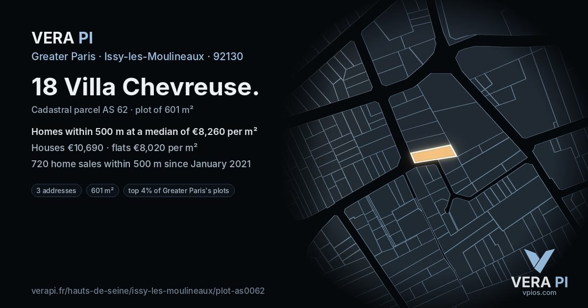 18 Villa Chevreuse, Issy-les-Moulineaux at night – the plot lit, the parcels around coloured by the prices near them