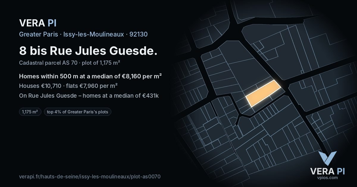 8 bis Rue Jules Guesde, Issy-les-Moulineaux at night – the plot lit, the parcels around coloured by the prices near them