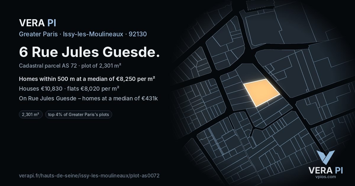 6 Rue Jules Guesde, Issy-les-Moulineaux at night – the plot lit, the parcels around coloured by the prices near them