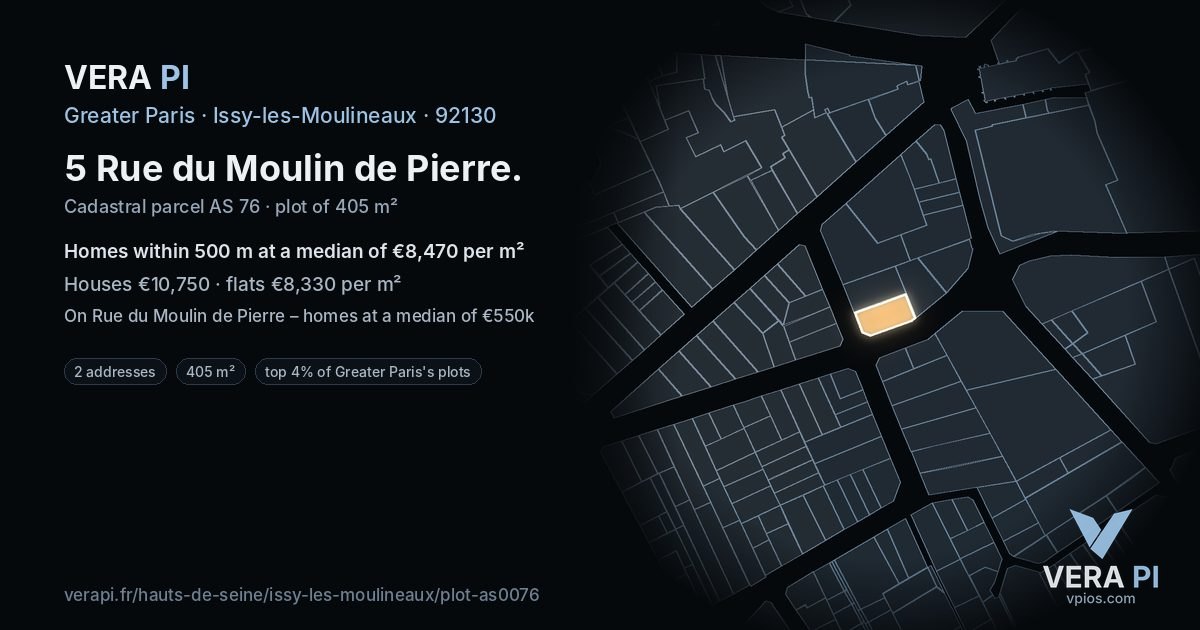 5 Rue du Moulin de Pierre, Issy-les-Moulineaux at night – the plot lit, the parcels around coloured by the prices near them