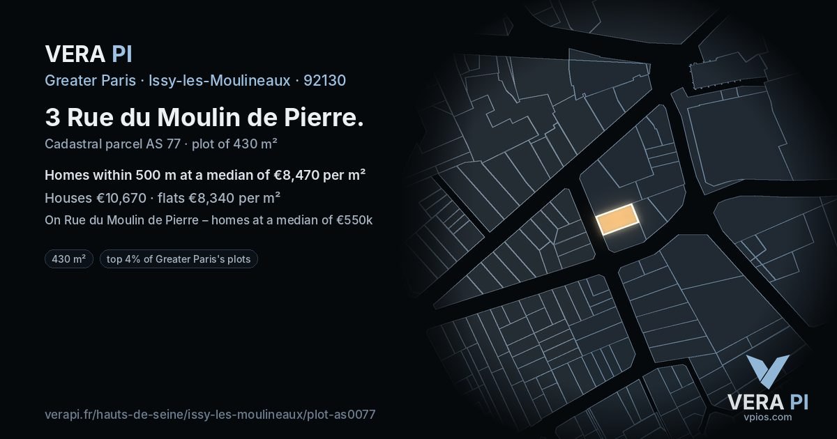 3 Rue du Moulin de Pierre, Issy-les-Moulineaux at night – the plot lit, the parcels around coloured by the prices near them