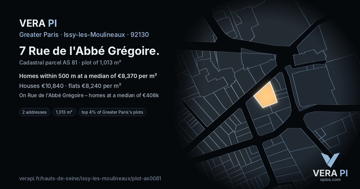 7 Rue de l'Abbé Grégoire, Issy-les-Moulineaux at night – the plot lit, the parcels around coloured by the prices near them