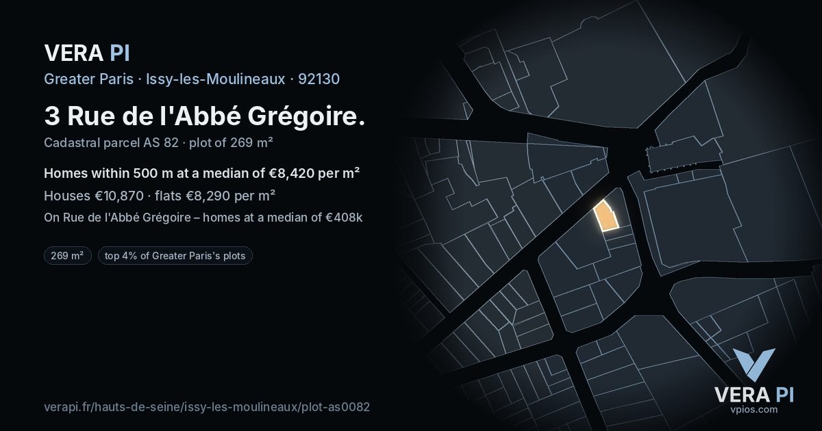 3 Rue de l'Abbé Grégoire, Issy-les-Moulineaux at night – the plot lit, the parcels around coloured by the prices near them