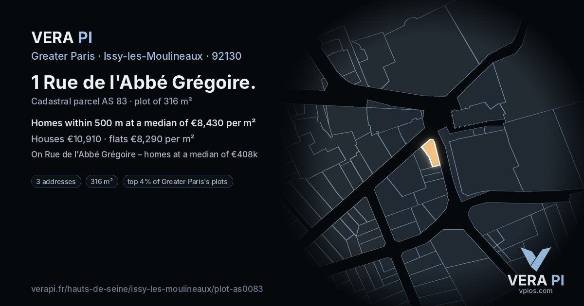 1 Rue de l'Abbé Grégoire, Issy-les-Moulineaux at night – the plot lit, the parcels around coloured by the prices near them
