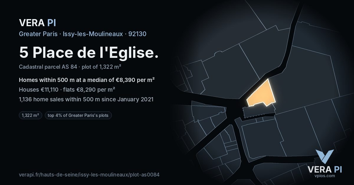 5 Place de l'Eglise, Issy-les-Moulineaux at night – the plot lit, the parcels around coloured by the prices near them