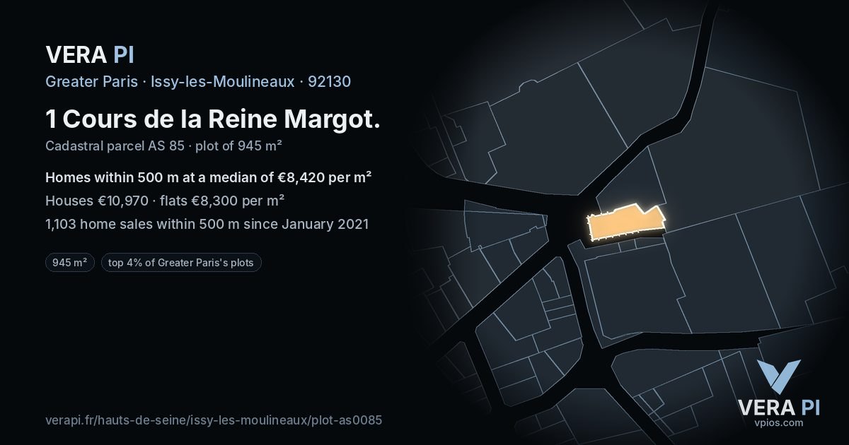 1 Cours de la Reine Margot, Issy-les-Moulineaux at night – the plot lit, the parcels around coloured by the prices near them