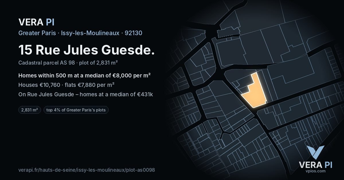 15 Rue Jules Guesde, Issy-les-Moulineaux at night – the plot lit, the parcels around coloured by the prices near them