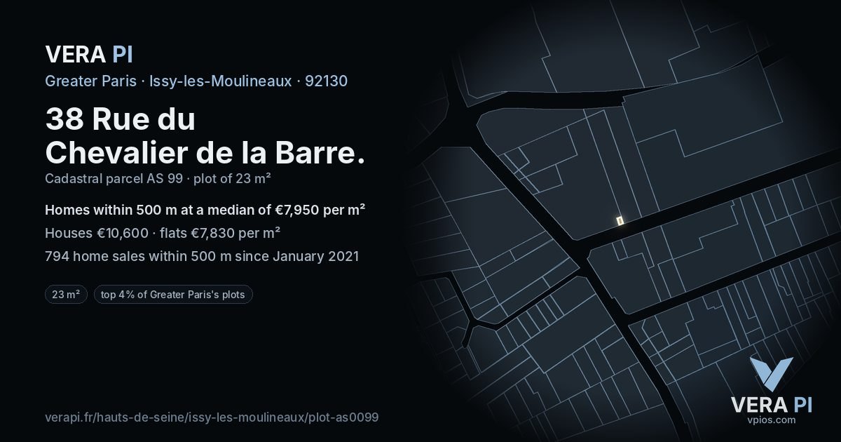 38 Rue du Chevalier de la Barre, Issy-les-Moulineaux at night – the plot lit, the parcels around coloured by the prices near them