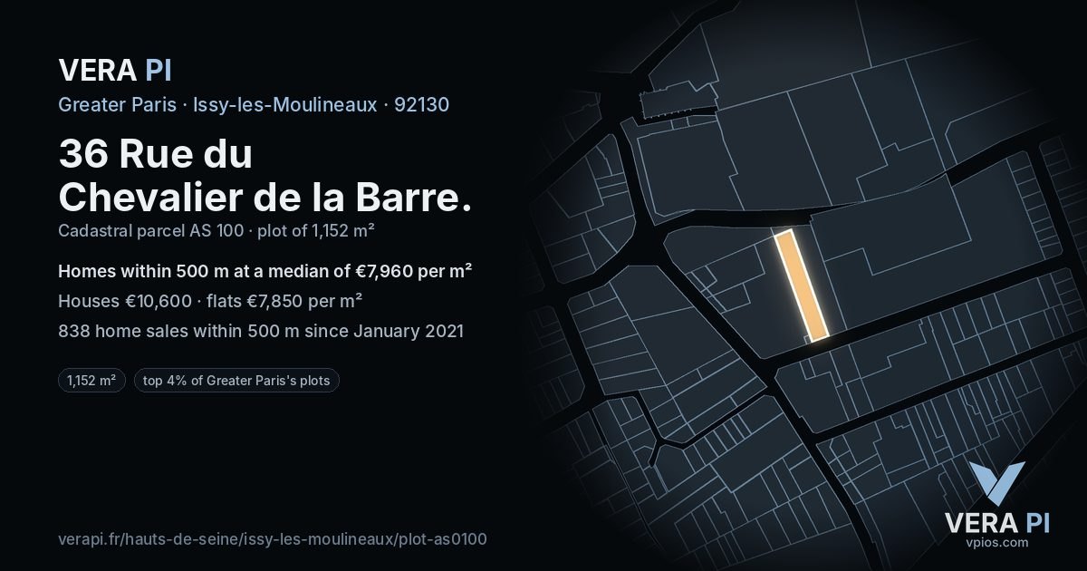 36 Rue du Chevalier de la Barre, Issy-les-Moulineaux at night – the plot lit, the parcels around coloured by the prices near them