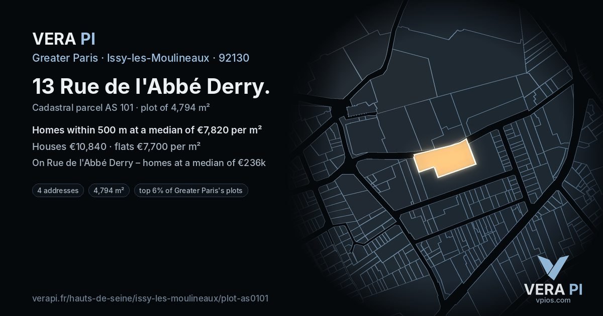 13 Rue de l'Abbé Derry, Issy-les-Moulineaux at night – the plot lit, the parcels around coloured by the prices near them
