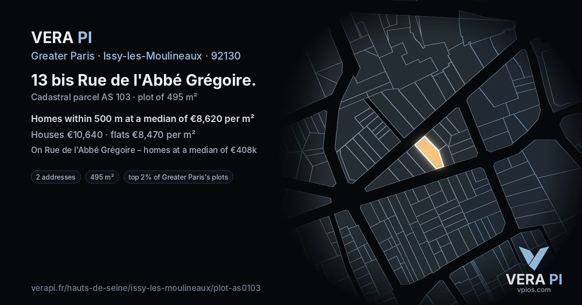 13 bis Rue de l'Abbé Grégoire, Issy-les-Moulineaux at night – the plot lit, the parcels around coloured by the prices near them