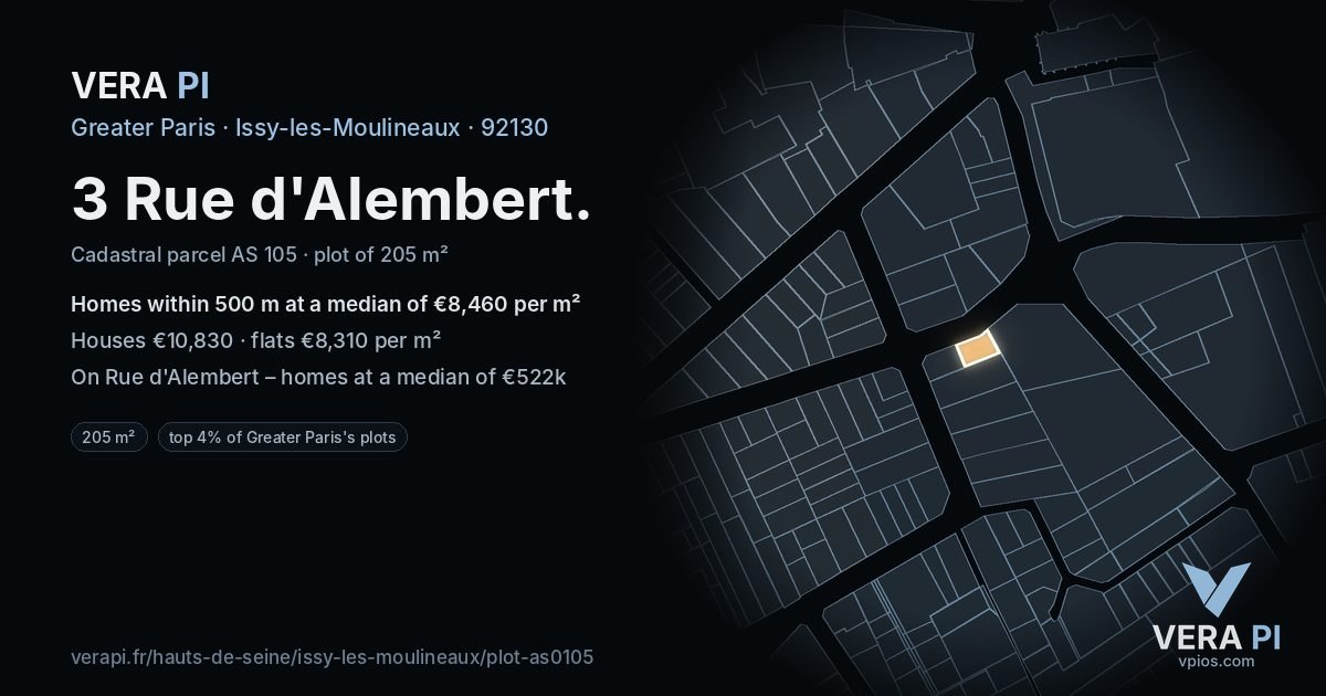 3 Rue d'Alembert, Issy-les-Moulineaux at night – the plot lit, the parcels around coloured by the prices near them
