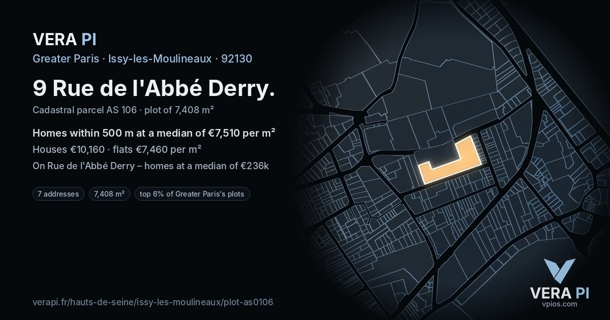 9 Rue de l'Abbé Derry, Issy-les-Moulineaux at night – the plot lit, the parcels around coloured by the prices near them