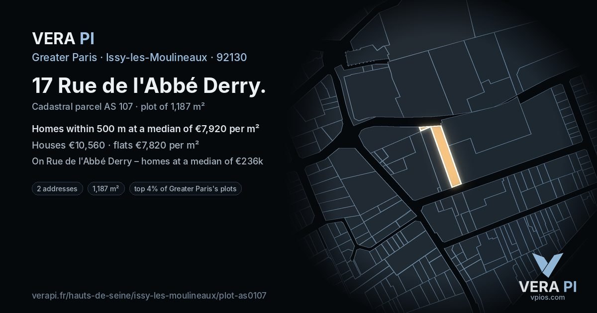 17 Rue de l'Abbé Derry, Issy-les-Moulineaux at night – the plot lit, the parcels around coloured by the prices near them