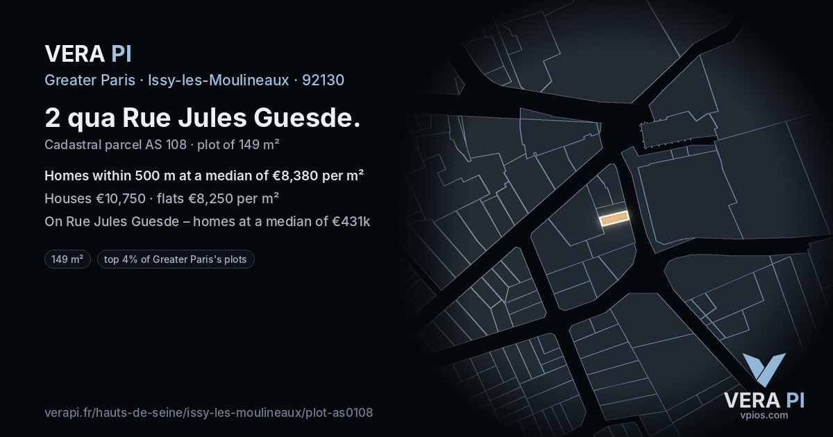2 qua Rue Jules Guesde, Issy-les-Moulineaux at night – the plot lit, the parcels around coloured by the prices near them