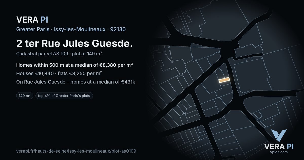 2 ter Rue Jules Guesde, Issy-les-Moulineaux at night – the plot lit, the parcels around coloured by the prices near them