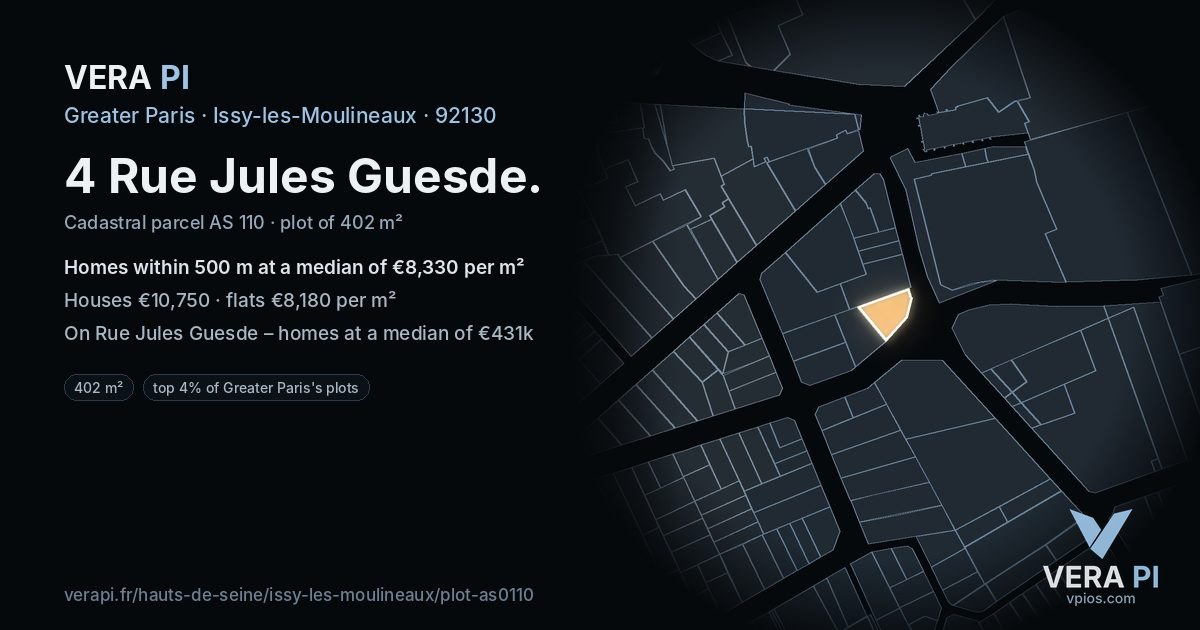 4 Rue Jules Guesde, Issy-les-Moulineaux at night – the plot lit, the parcels around coloured by the prices near them
