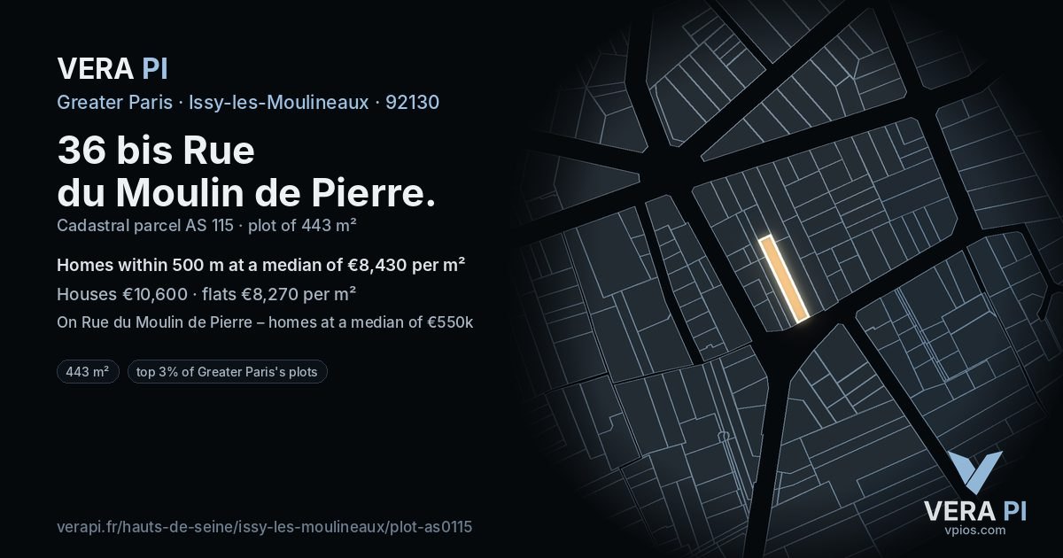 36 bis Rue du Moulin de Pierre, Issy-les-Moulineaux at night – the plot lit, the parcels around coloured by the prices near them