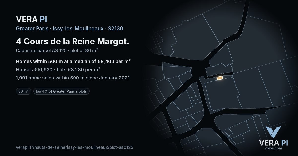 4 Cours de la Reine Margot, Issy-les-Moulineaux at night – the plot lit, the parcels around coloured by the prices near them
