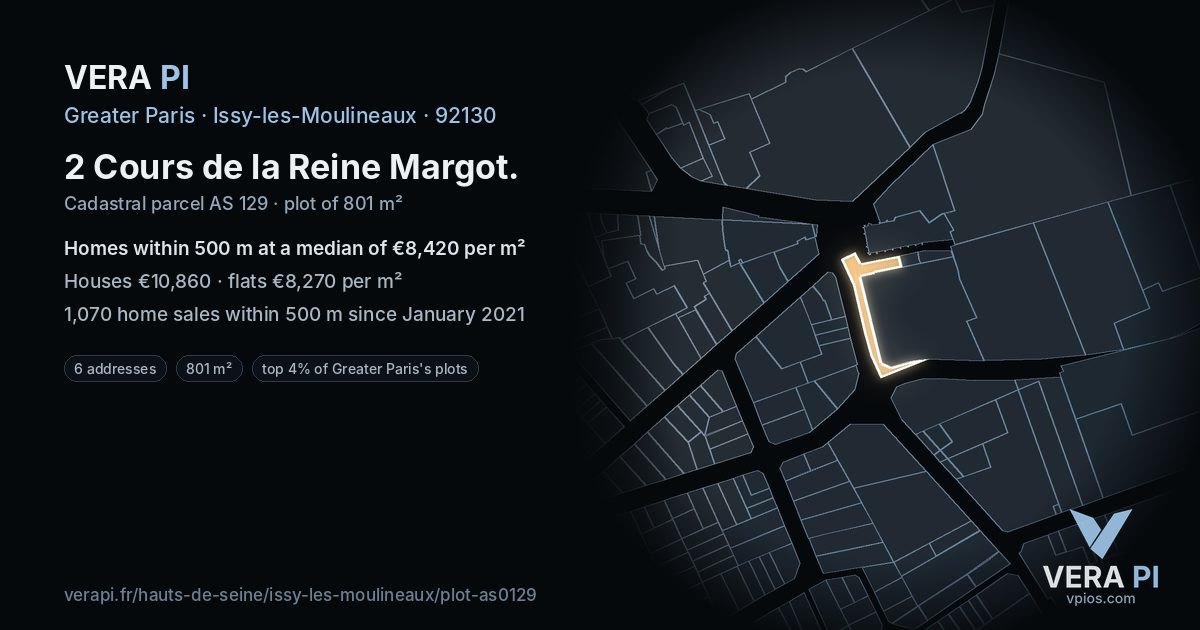 2 Cours de la Reine Margot, Issy-les-Moulineaux at night – the plot lit, the parcels around coloured by the prices near them