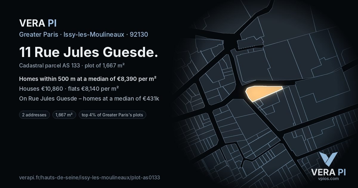 11 Rue Jules Guesde, Issy-les-Moulineaux at night – the plot lit, the parcels around coloured by the prices near them