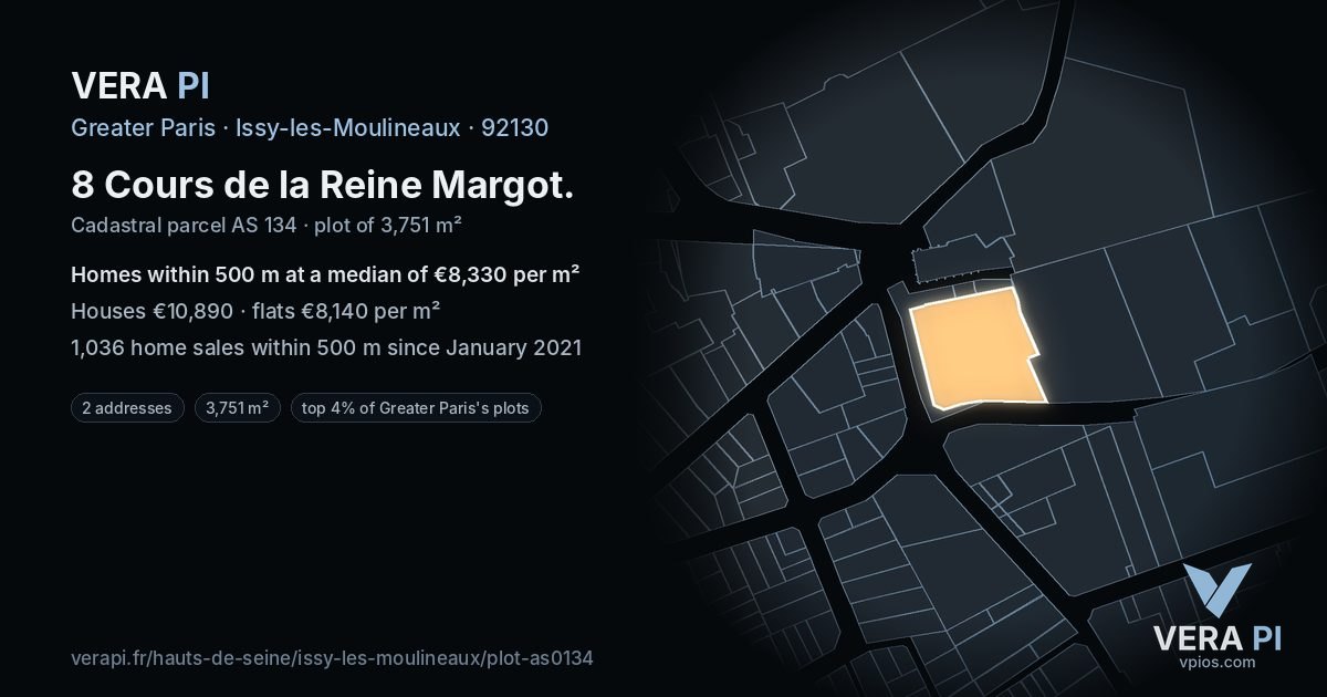 8 Cours de la Reine Margot, Issy-les-Moulineaux at night – the plot lit, the parcels around coloured by the prices near them
