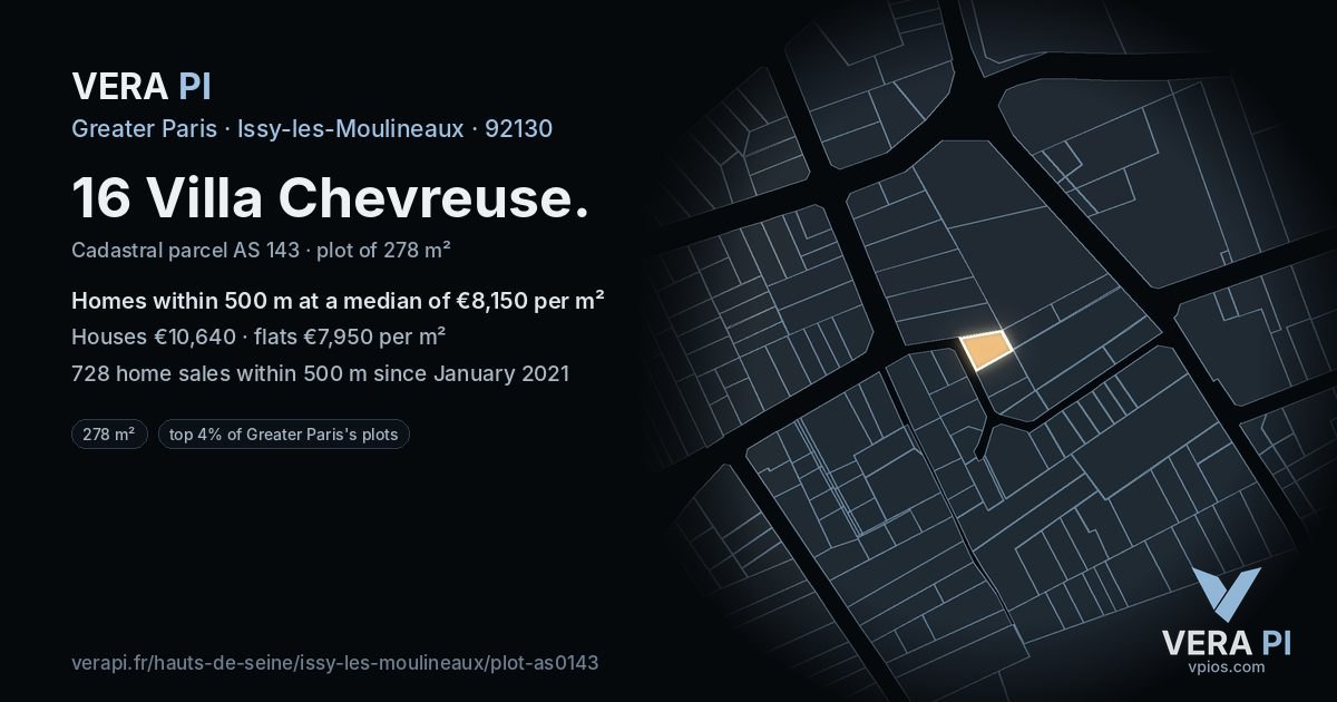 16 Villa Chevreuse, Issy-les-Moulineaux at night – the plot lit, the parcels around coloured by the prices near them