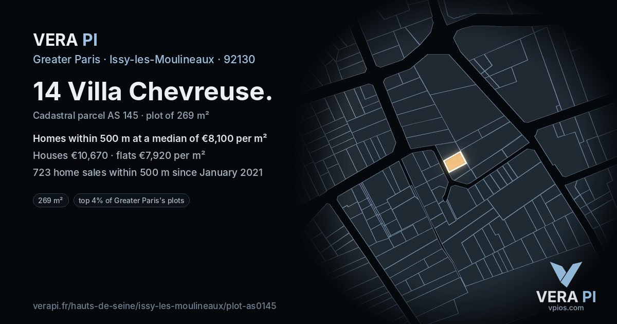 14 Villa Chevreuse, Issy-les-Moulineaux at night – the plot lit, the parcels around coloured by the prices near them