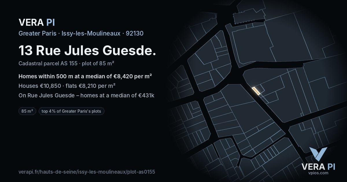 13 Rue Jules Guesde, Issy-les-Moulineaux at night – the plot lit, the parcels around coloured by the prices near them