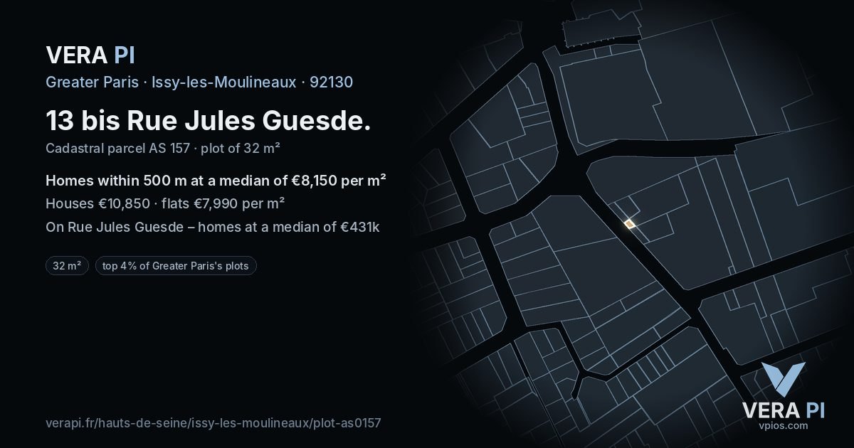 13 bis Rue Jules Guesde, Issy-les-Moulineaux at night – the plot lit, the parcels around coloured by the prices near them