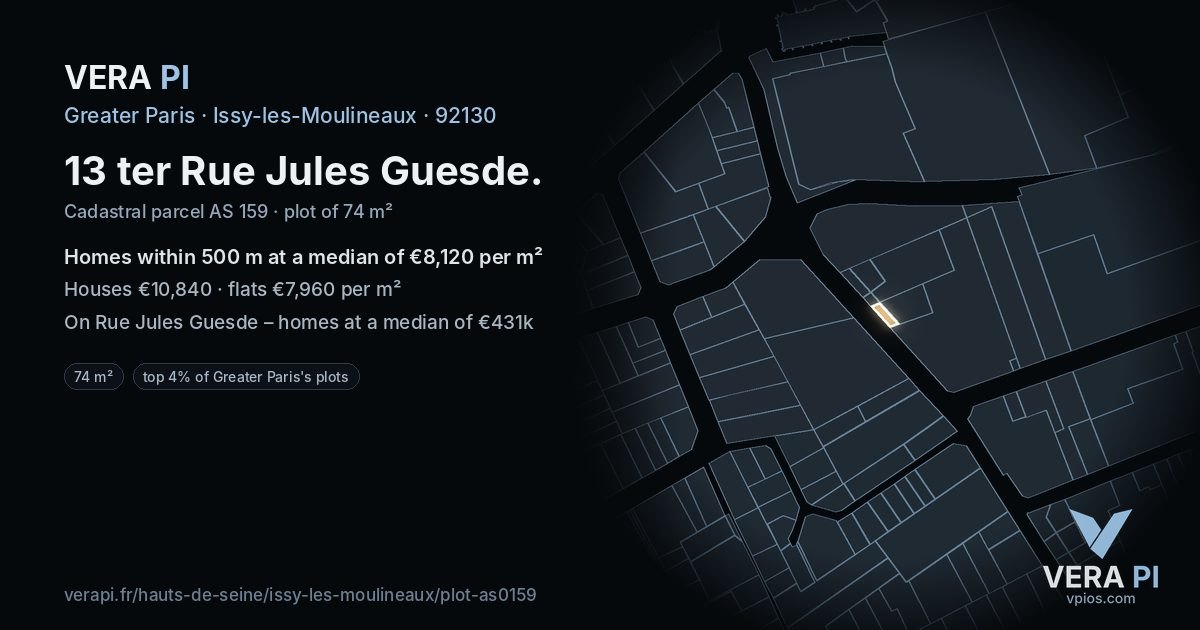 13 ter Rue Jules Guesde, Issy-les-Moulineaux at night – the plot lit, the parcels around coloured by the prices near them
