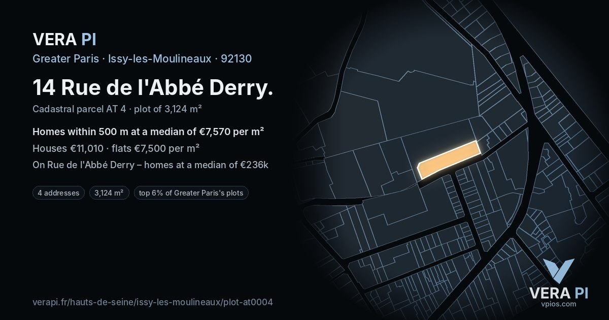 14 Rue de l'Abbé Derry, Issy-les-Moulineaux at night – the plot lit, the parcels around coloured by the prices near them