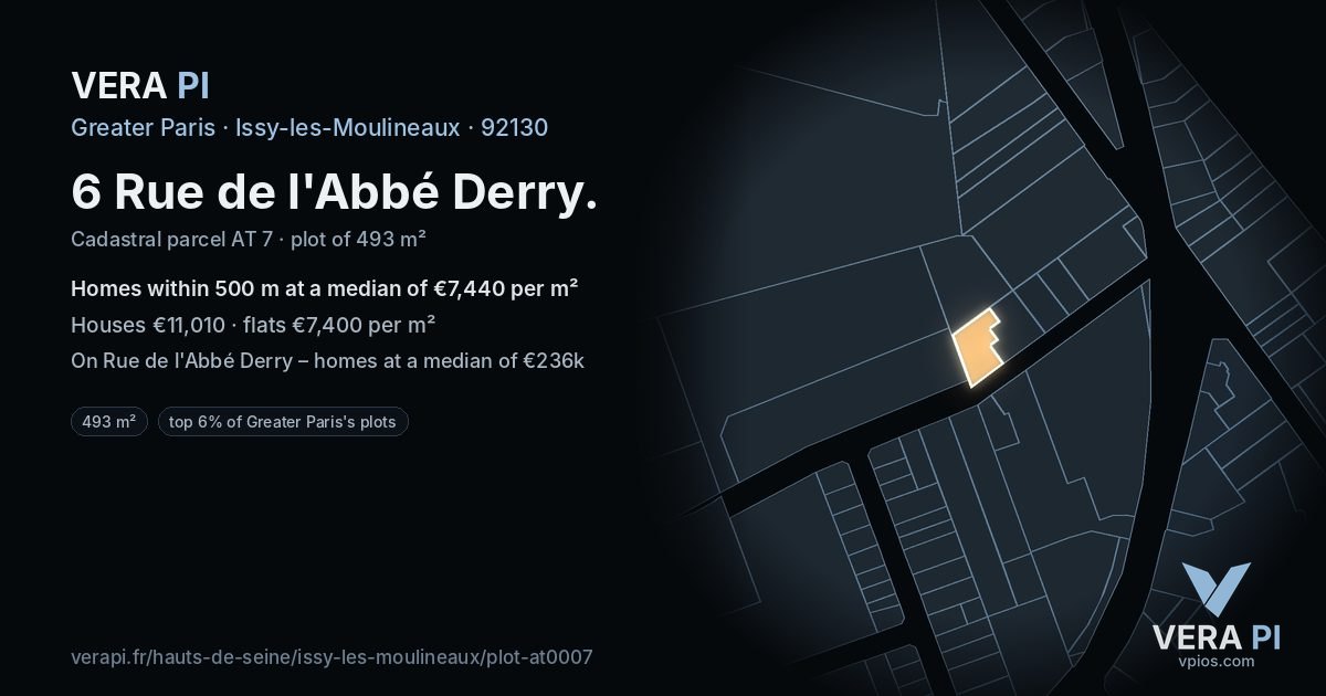6 Rue de l'Abbé Derry, Issy-les-Moulineaux at night – the plot lit, the parcels around coloured by the prices near them