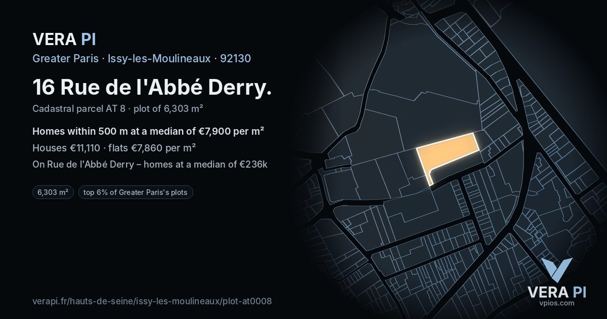 16 Rue de l'Abbé Derry, Issy-les-Moulineaux at night – the plot lit, the parcels around coloured by the prices near them