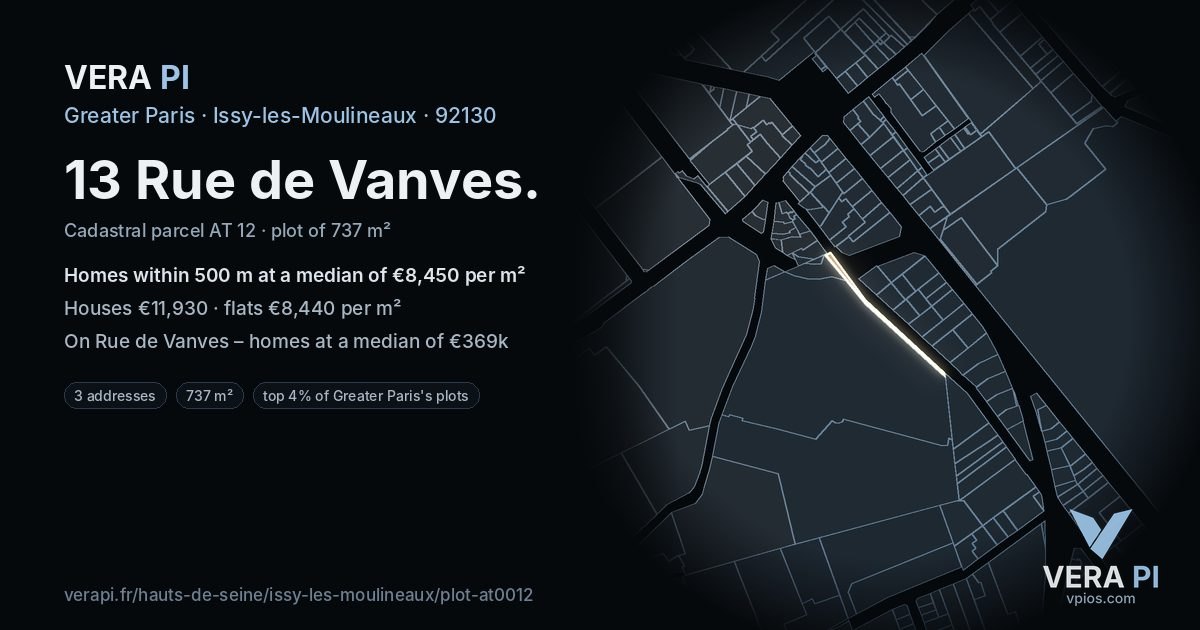 13 Rue de Vanves, Issy-les-Moulineaux at night – the plot lit, the parcels around coloured by the prices near them