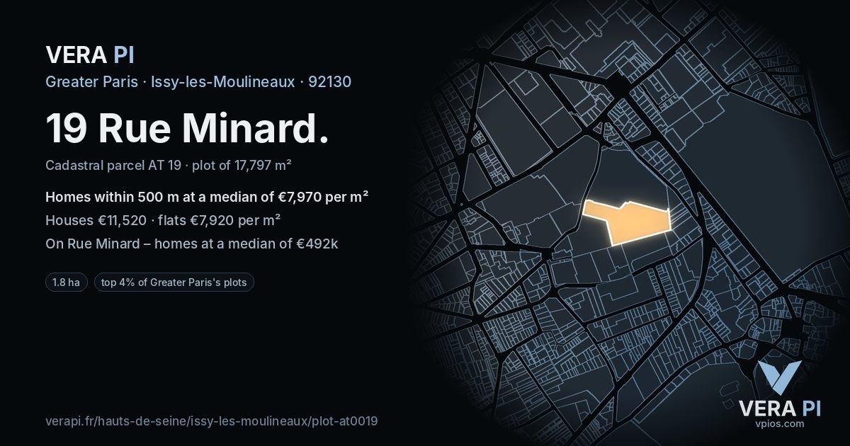 19 Rue Minard, Issy-les-Moulineaux at night – the plot lit, the parcels around coloured by the prices near them