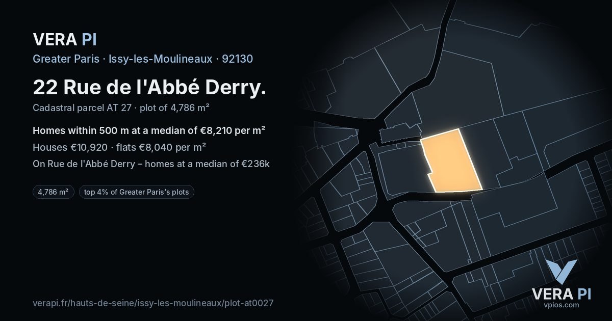 22 Rue de l'Abbé Derry, Issy-les-Moulineaux at night – the plot lit, the parcels around coloured by the prices near them