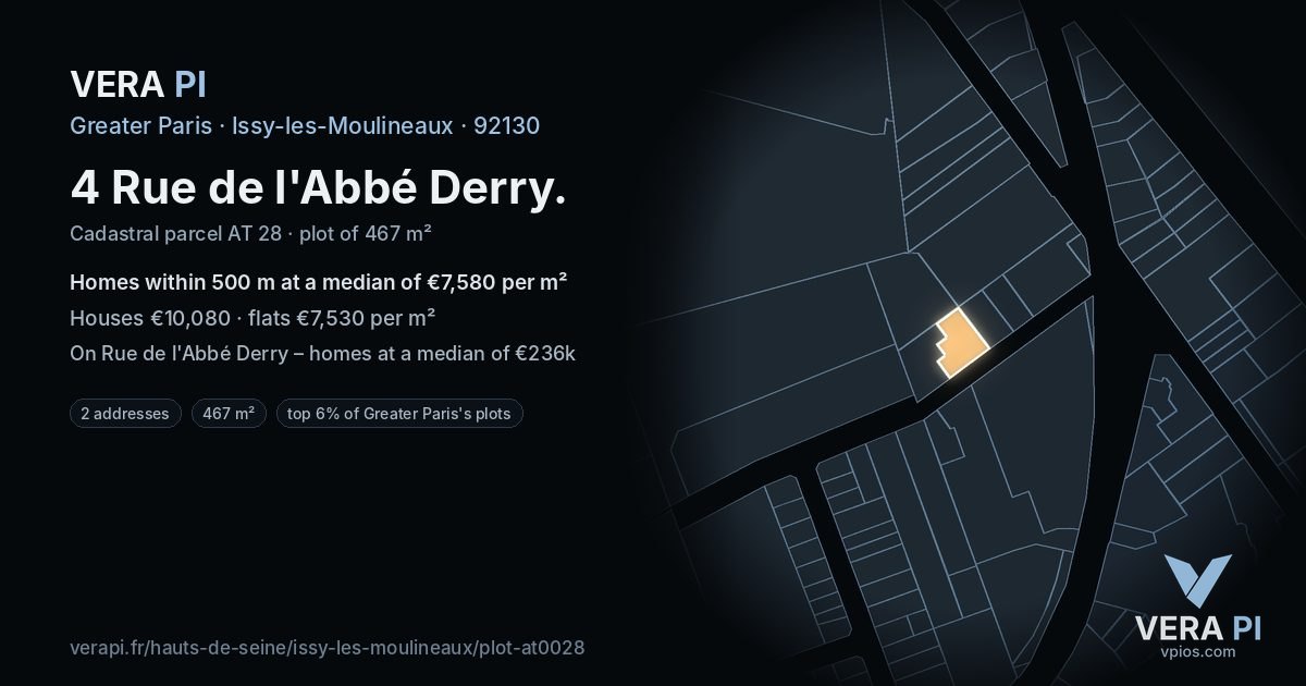 4 Rue de l'Abbé Derry, Issy-les-Moulineaux at night – the plot lit, the parcels around coloured by the prices near them