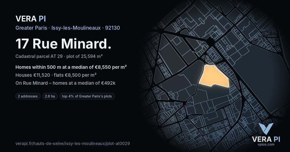 17 Rue Minard, Issy-les-Moulineaux at night – the plot lit, the parcels around coloured by the prices near them