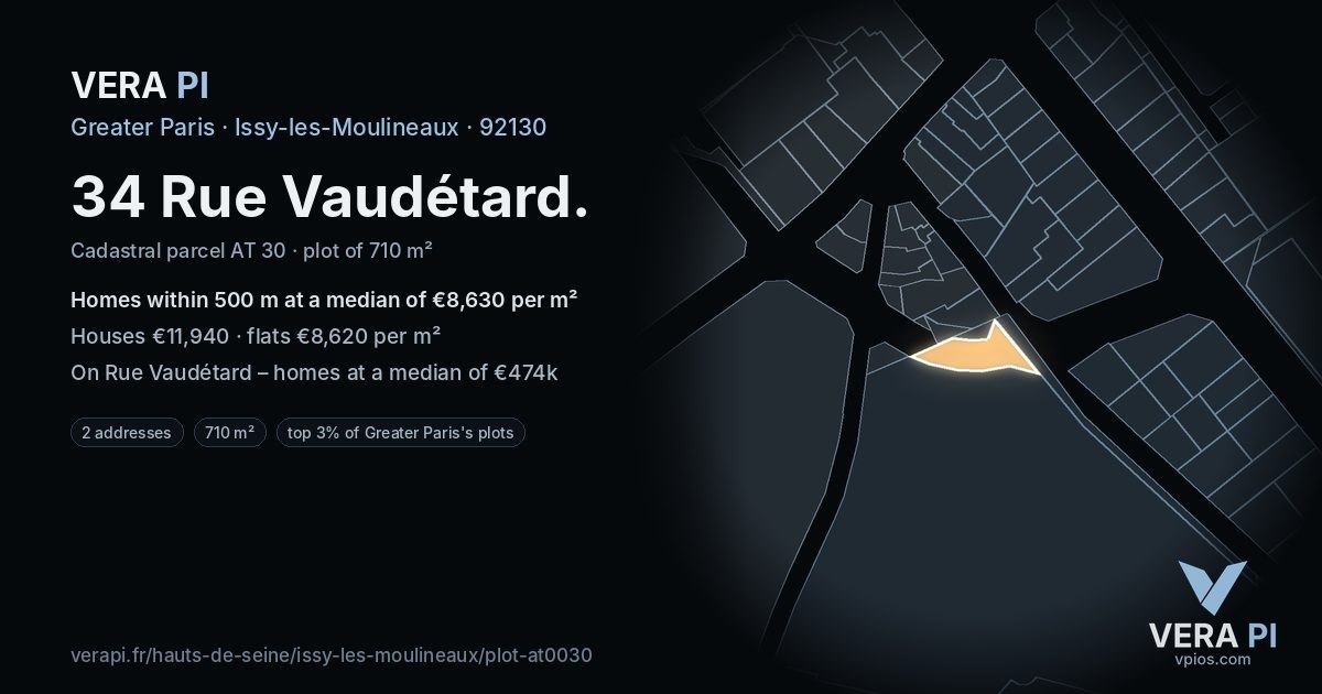 34 Rue Vaudétard, Issy-les-Moulineaux at night – the plot lit, the parcels around coloured by the prices near them