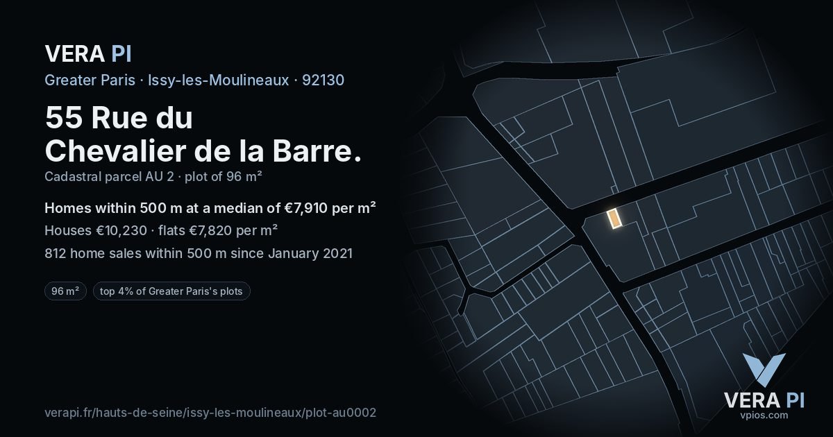 55 Rue du Chevalier de la Barre, Issy-les-Moulineaux at night – the plot lit, the parcels around coloured by the prices near them