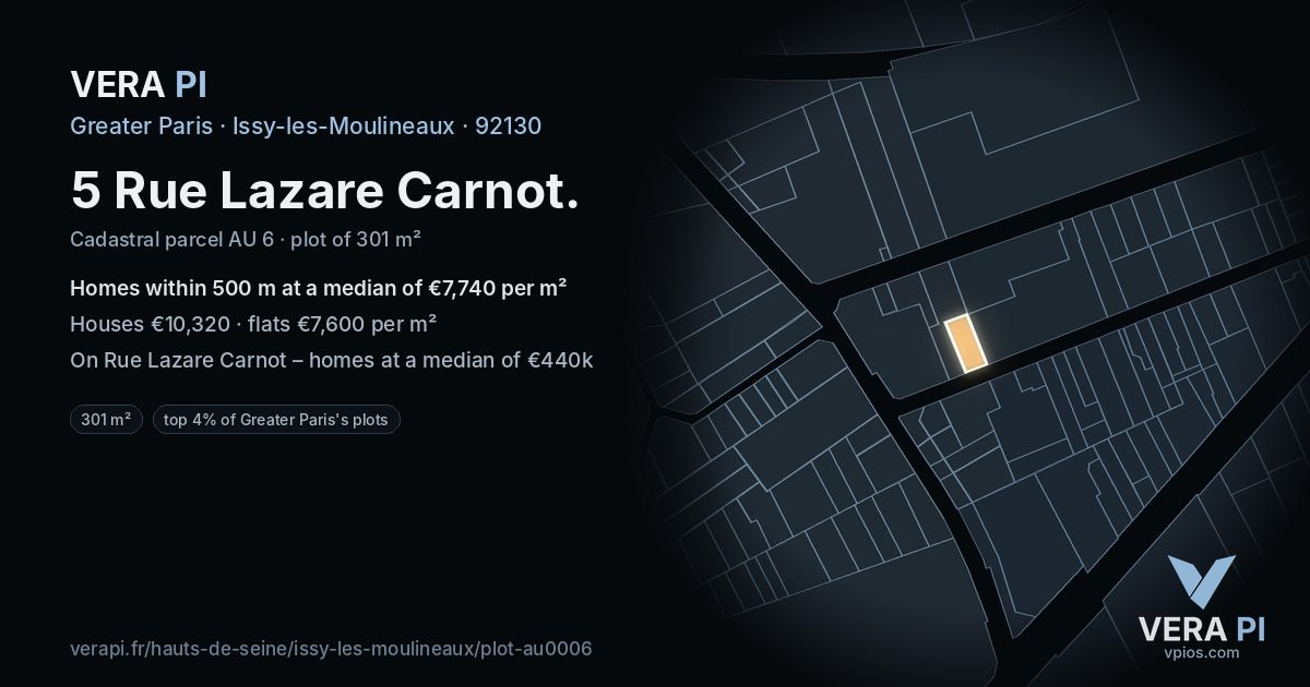5 Rue Lazare Carnot, Issy-les-Moulineaux at night – the plot lit, the parcels around coloured by the prices near them