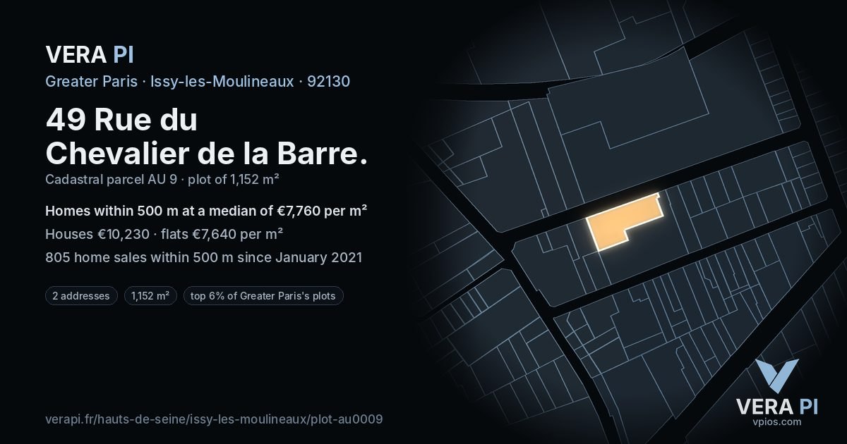49 Rue du Chevalier de la Barre, Issy-les-Moulineaux at night – the plot lit, the parcels around coloured by the prices near them
