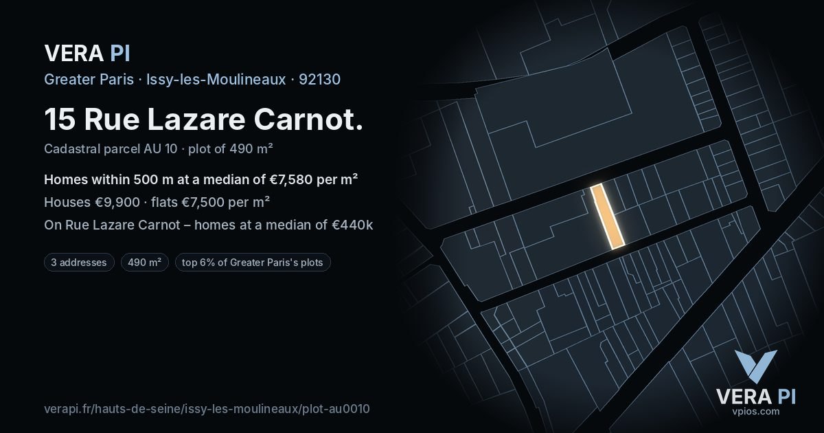 15 Rue Lazare Carnot, Issy-les-Moulineaux at night – the plot lit, the parcels around coloured by the prices near them