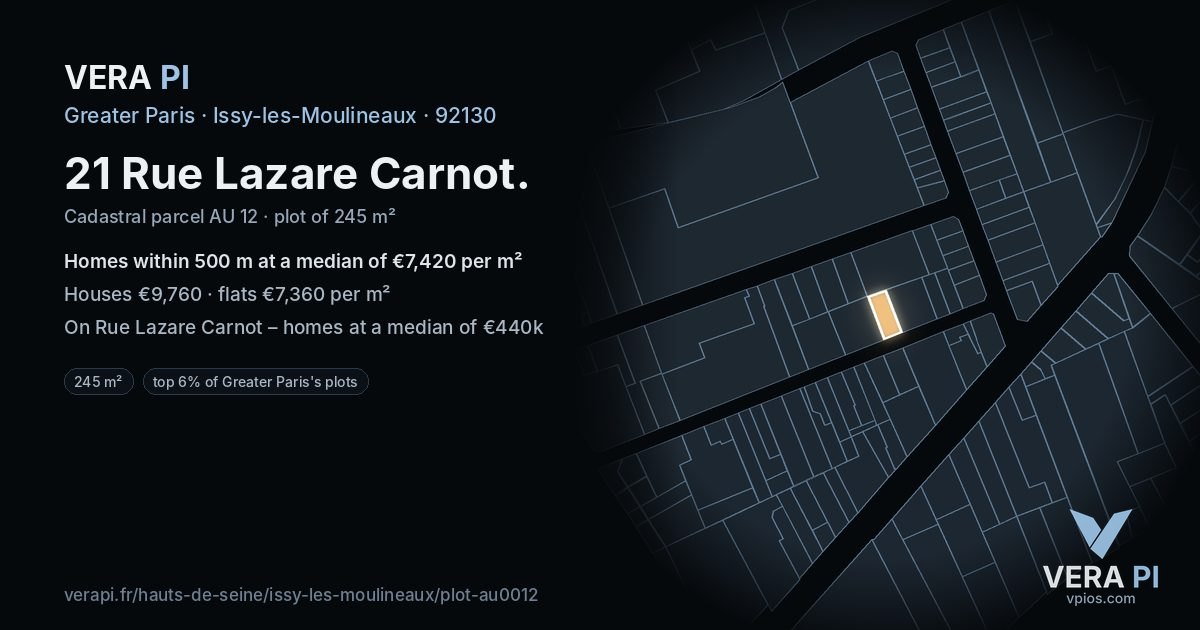 21 Rue Lazare Carnot, Issy-les-Moulineaux at night – the plot lit, the parcels around coloured by the prices near them