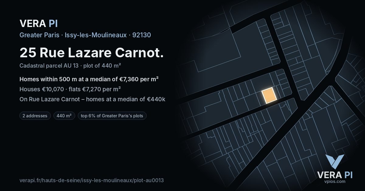 25 Rue Lazare Carnot, Issy-les-Moulineaux at night – the plot lit, the parcels around coloured by the prices near them