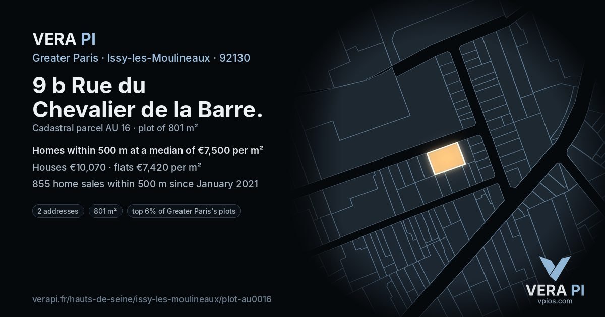 9 b Rue du Chevalier de la Barre, Issy-les-Moulineaux at night – the plot lit, the parcels around coloured by the prices near them